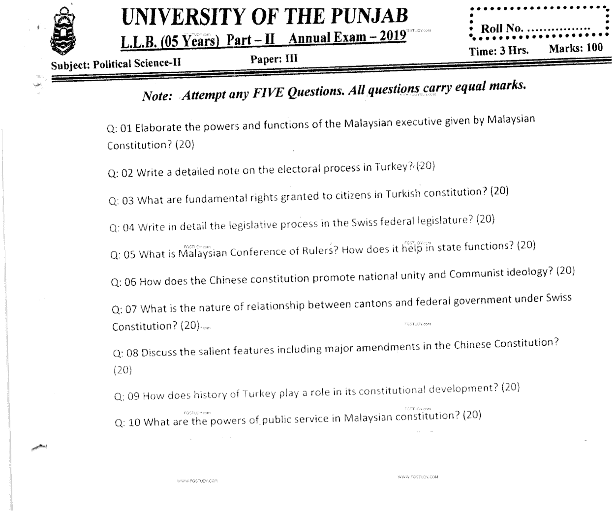 LLB Part 2 Political Science 2 Past Paper 2019 Punjab University