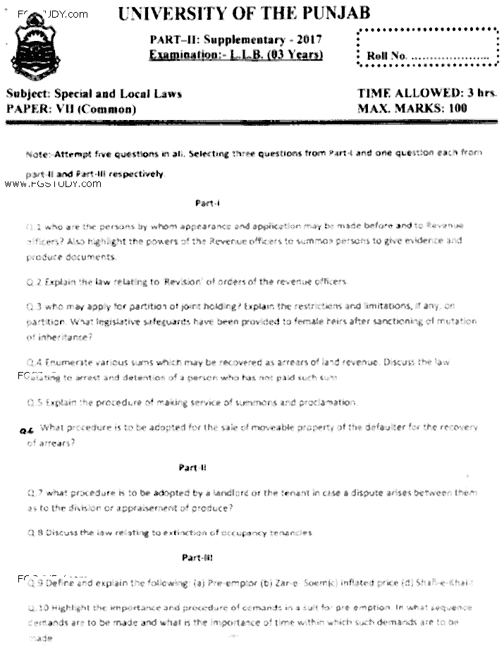 LLB Part 2 Special Local Laws Past Paper 2017 Punjab University