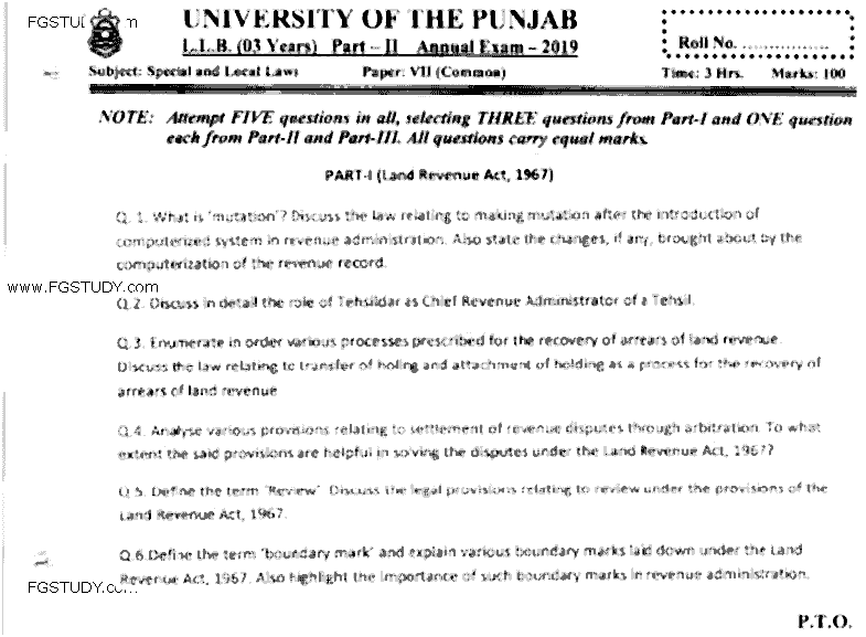 LLB Part 2 Special Local Laws Past Paper 2019 Punjab University