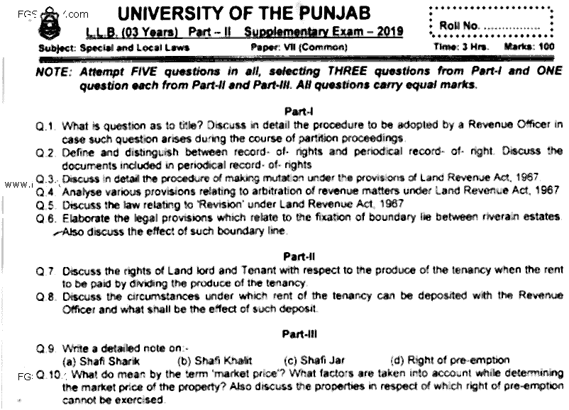 LLB Part 2 Special Local Laws Past Paper 2019 Punjab University