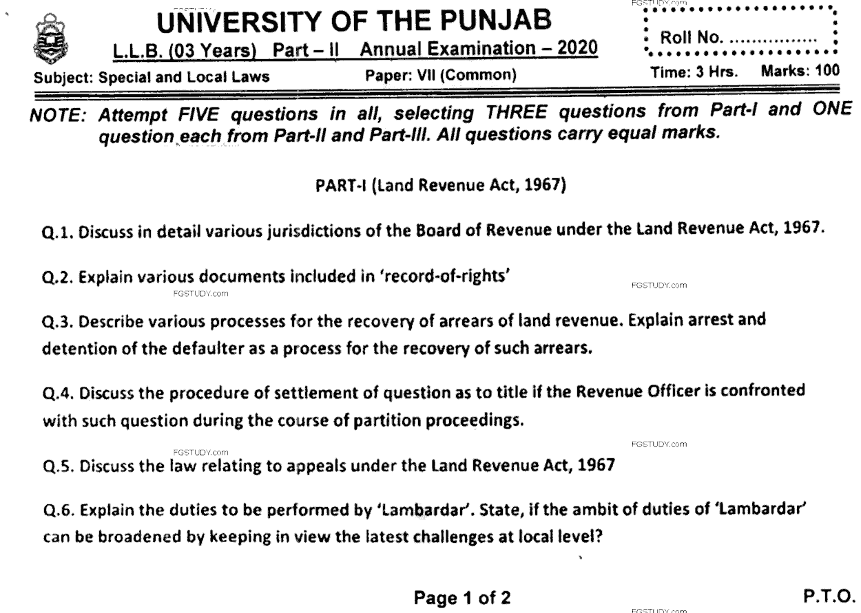 LLB Part 2 Special Local Laws Past Paper 2020 Punjab University