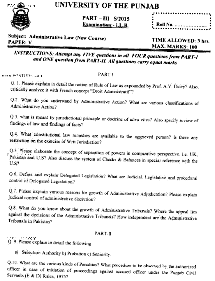Llb Part 3 Administrative Law Past Paper 2015 Punjab University