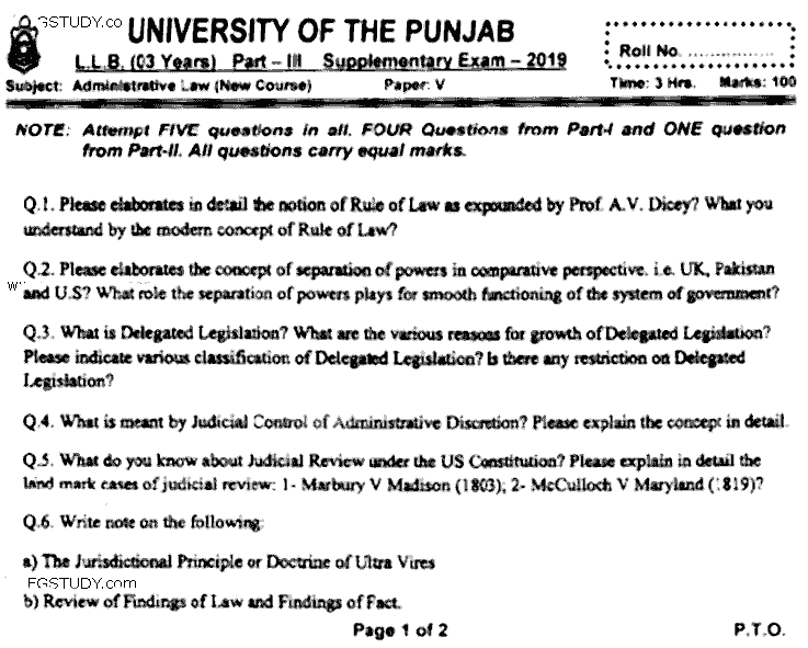 LLB Part 3 Administrative Law Past Paper 2019 Punjab University