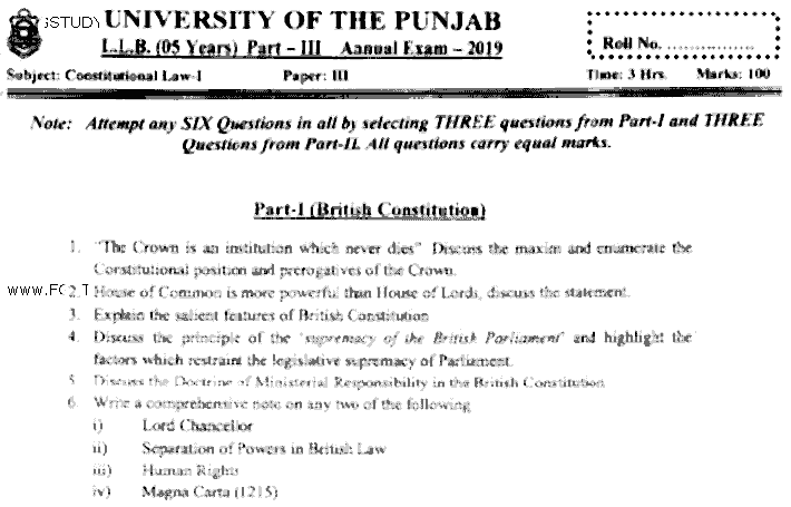 LLB Part 3 Constitutional Law 1 Past Paper 2019 Punjab University