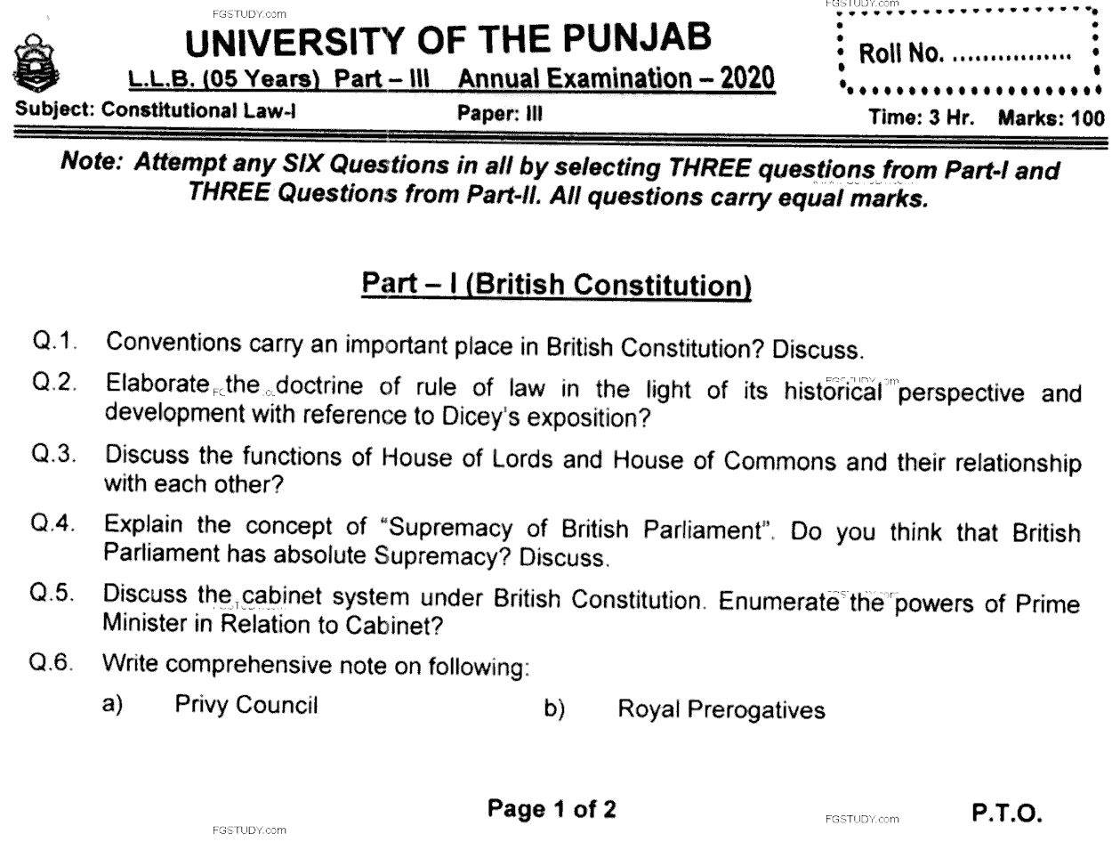 LLB Part 3 Constitutional Law 1 Past Paper 2020 Punjab University