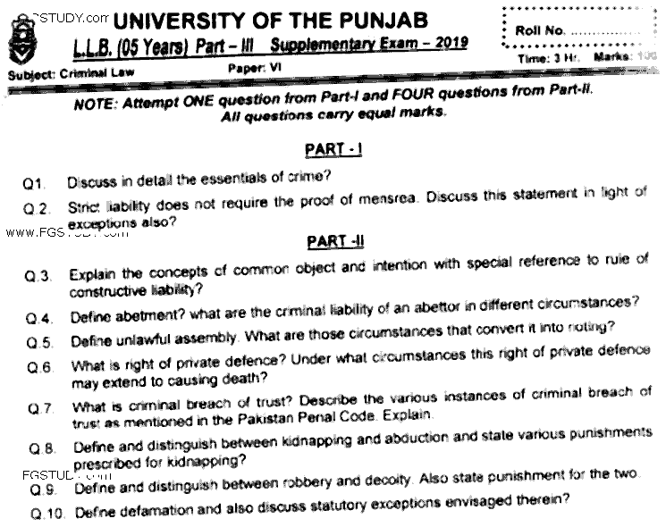 LLB Part 3 Criminal Law Past Paper 2019 Punjab University