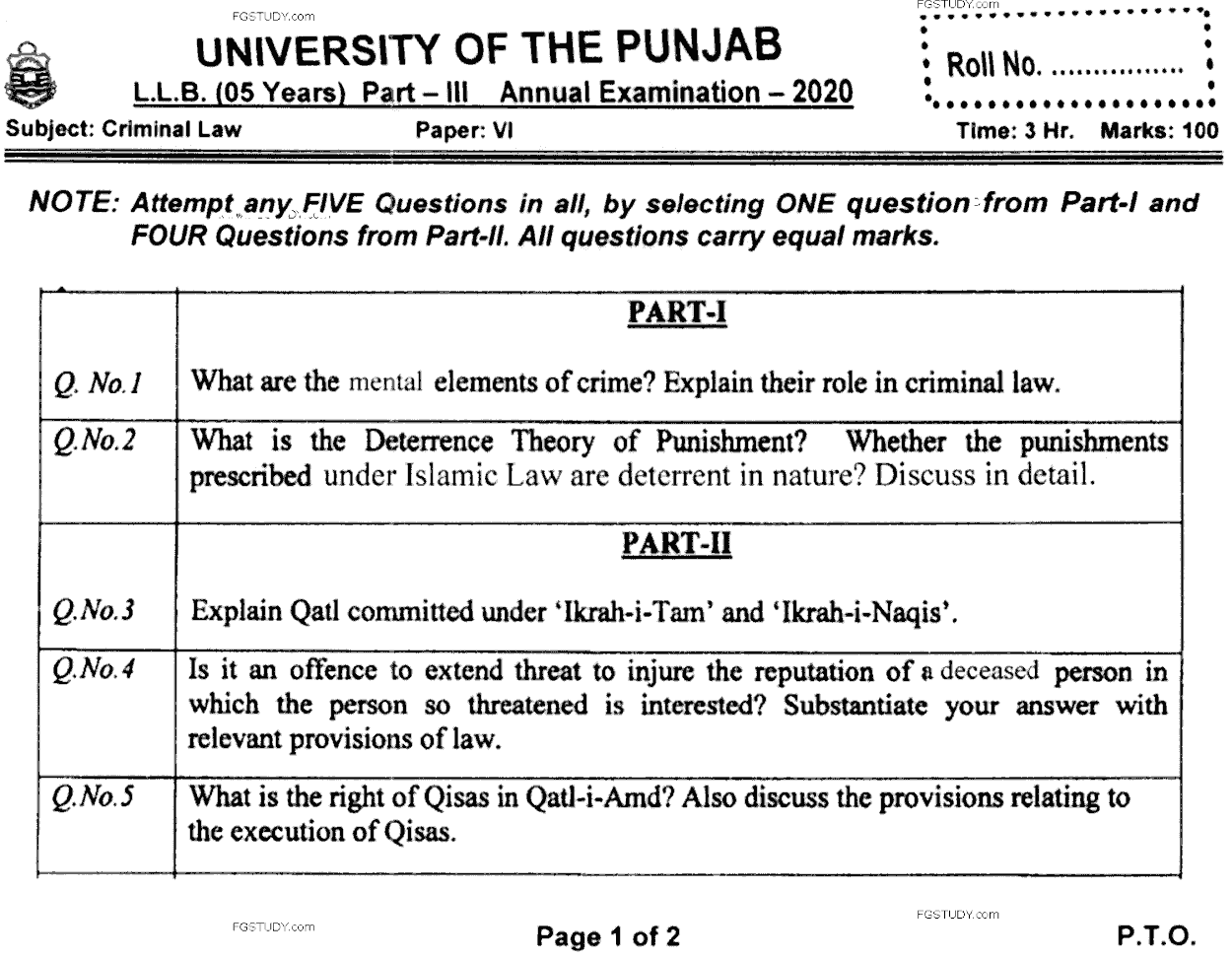 LLB Part 3 Criminal Law Past Paper 2020 Punjab University
