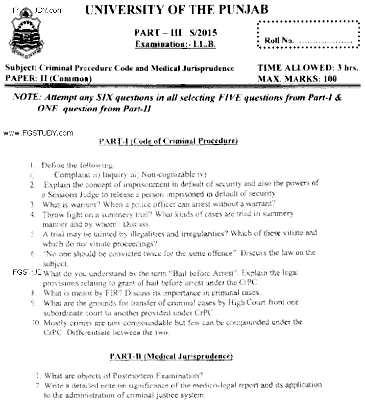 LLB Part 3 Criminal Procedure Code Medical Jurisprudence Past Paper 2015 Punjab University