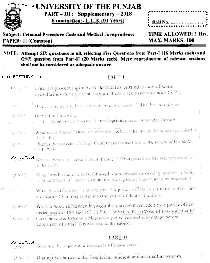 LLB Part 3 Criminal Procedure Code Medical Jurisprudence Past Paper 2018 Punjab University