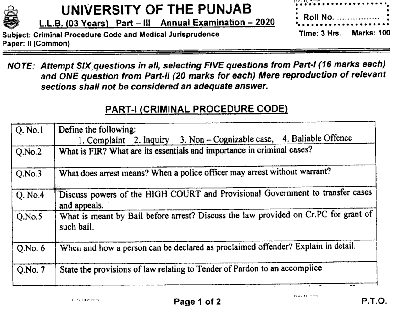 LLB Part 3 Criminal Procedure Code Medical Jurisprudence Past Paper 2020 Punjab University