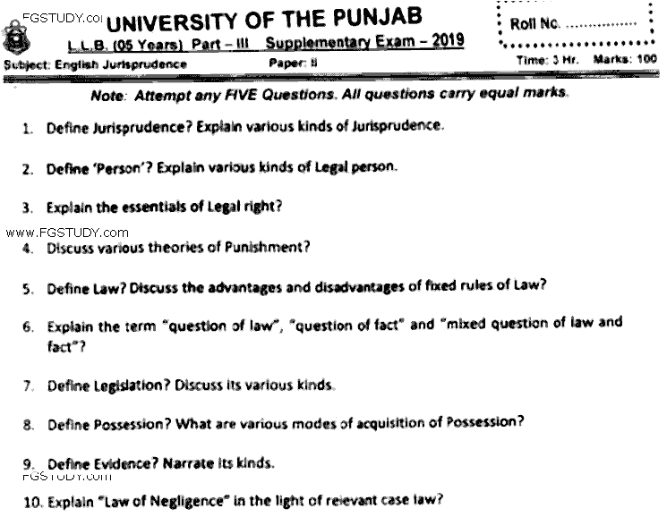 LLB Part 3 English Jurisprudence Past Paper 2019 Punjab University