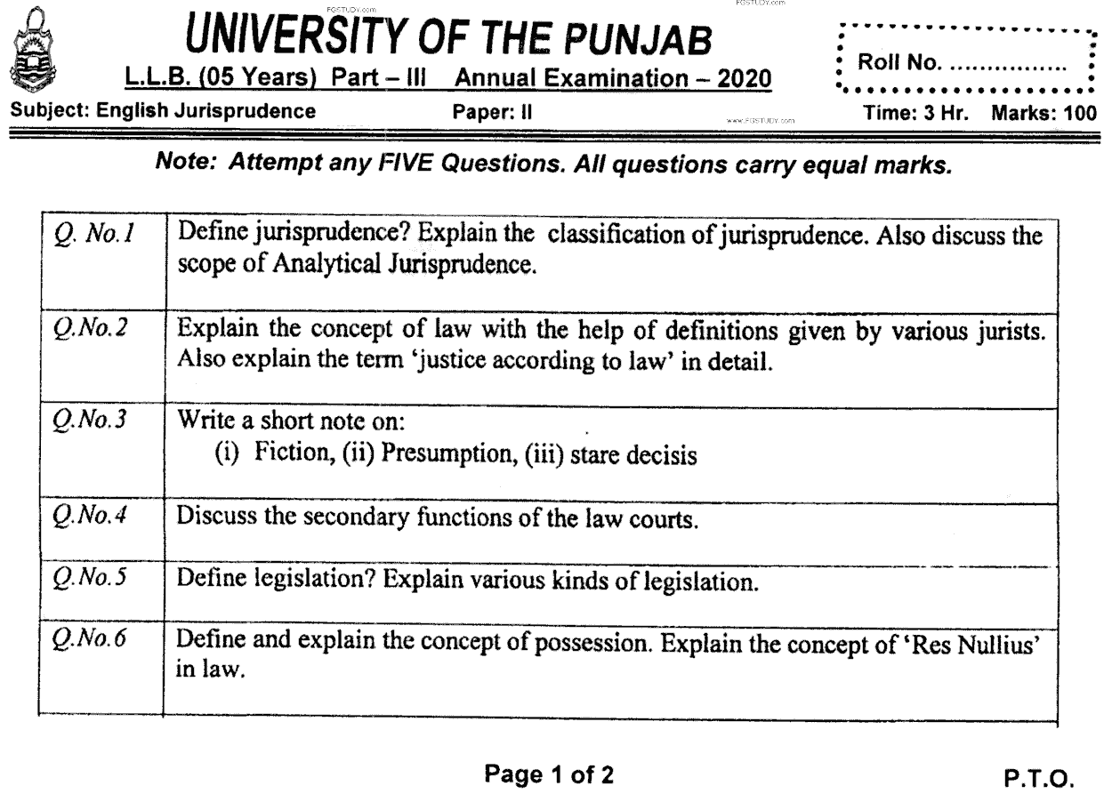 LLB Part 3 English Jurisprudence Past Paper 2020 Punjab University