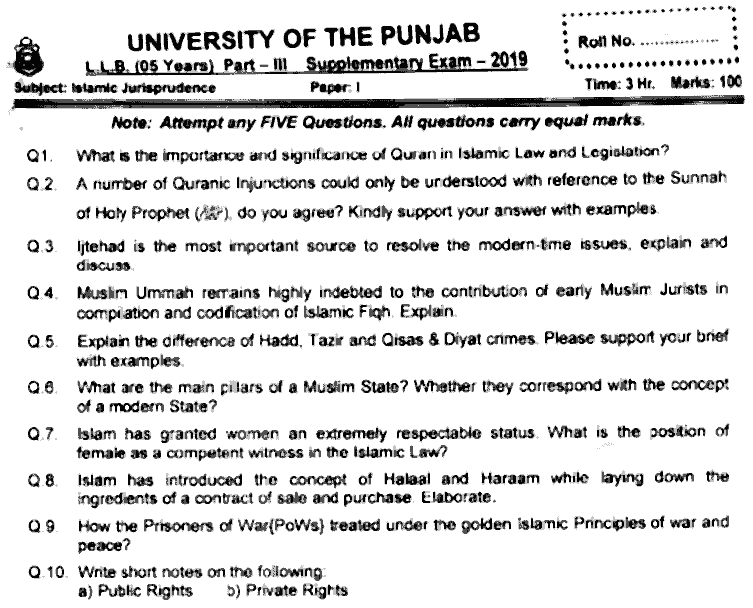 LLB Part 3 Islamic Jurisprudence Past Paper 2019 Punjab University