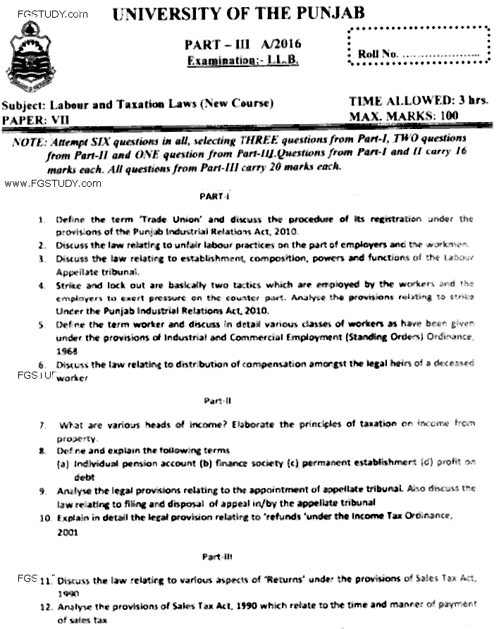 LLB Part 3 Labour Taxation Laws Past Paper 2016 Punjab University