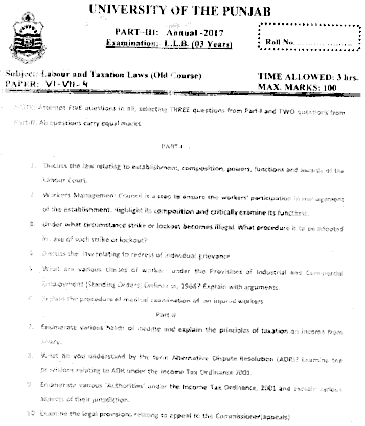 LLB Part 3 Labour Taxation Laws Past Paper 2017 Punjab University