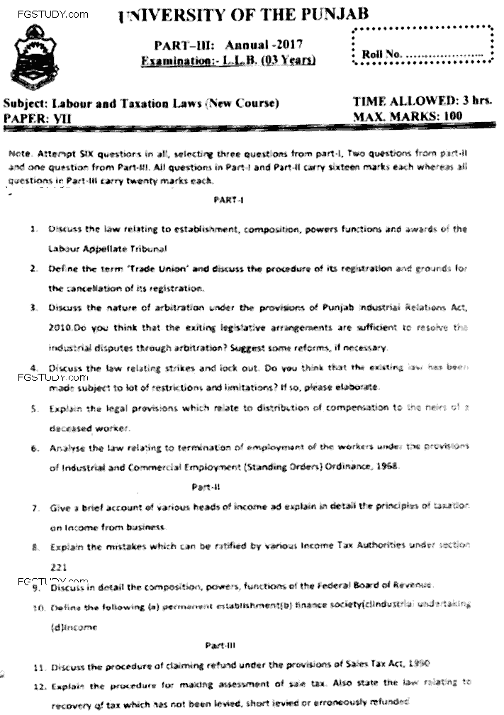 LLB Part 3 Labour Taxation Laws Past Paper 2017 Punjab University