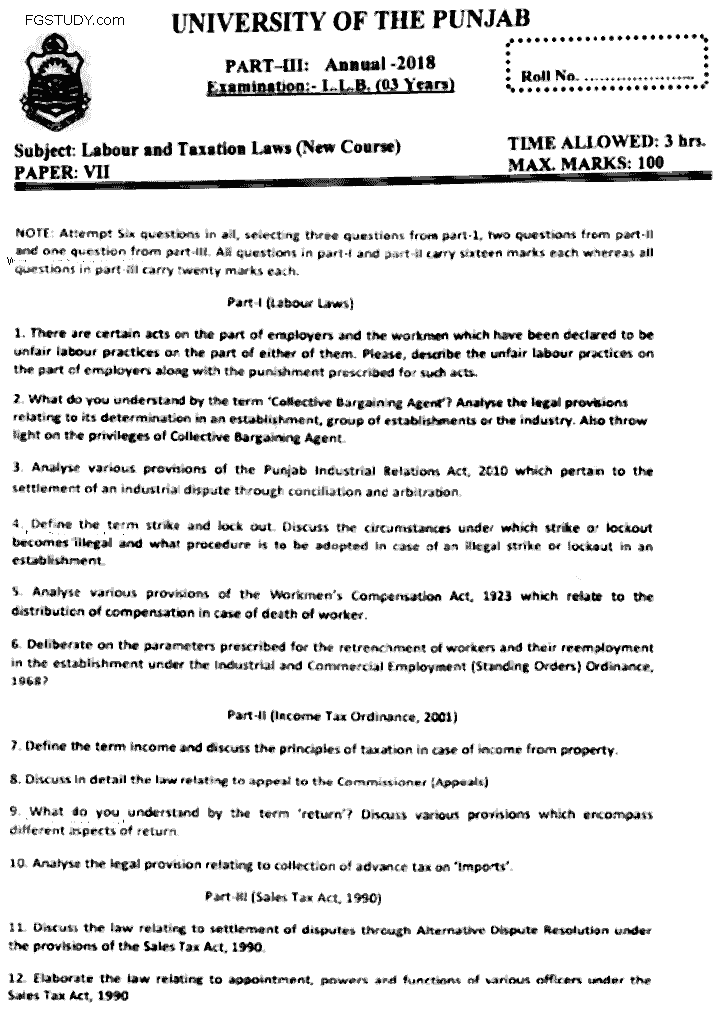 LLB Part 3 Labour Taxation Laws Past Paper 2018 Punjab University