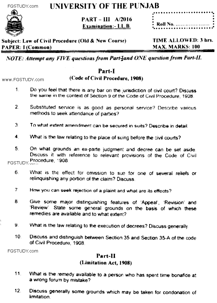 LLB Part 3 Law Of Civil Procedure Past Paper 2016 Punjab University