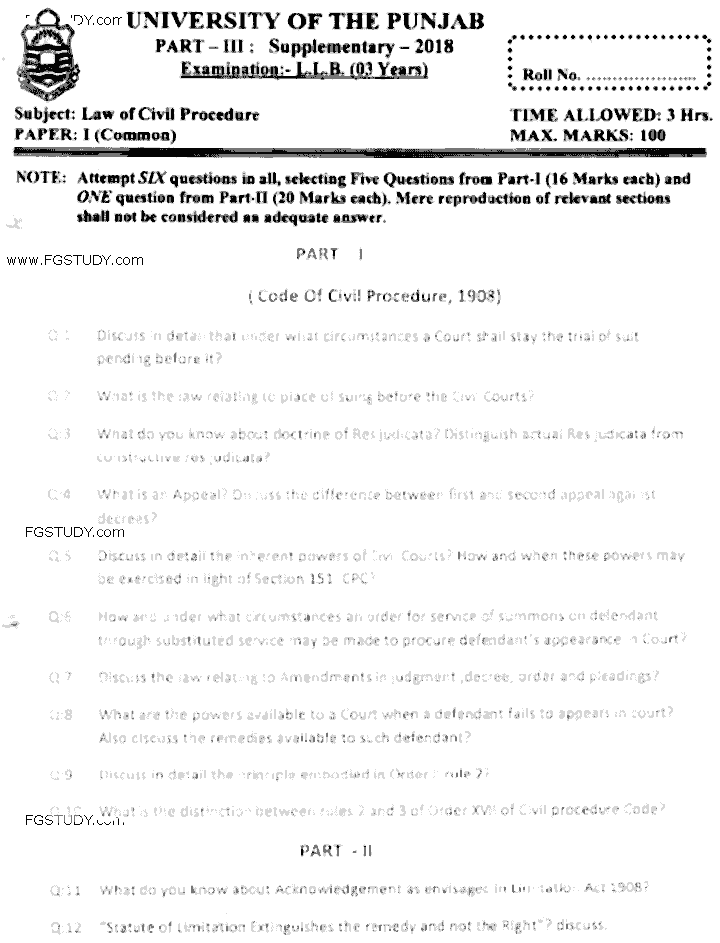 LLB Part 3 Law Of Civil Procedure Past Paper 2018 Punjab University