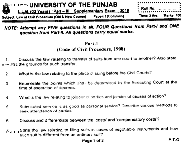 LLB Part 3 Law Of Civil Procedure Past Paper 2019 Punjab University