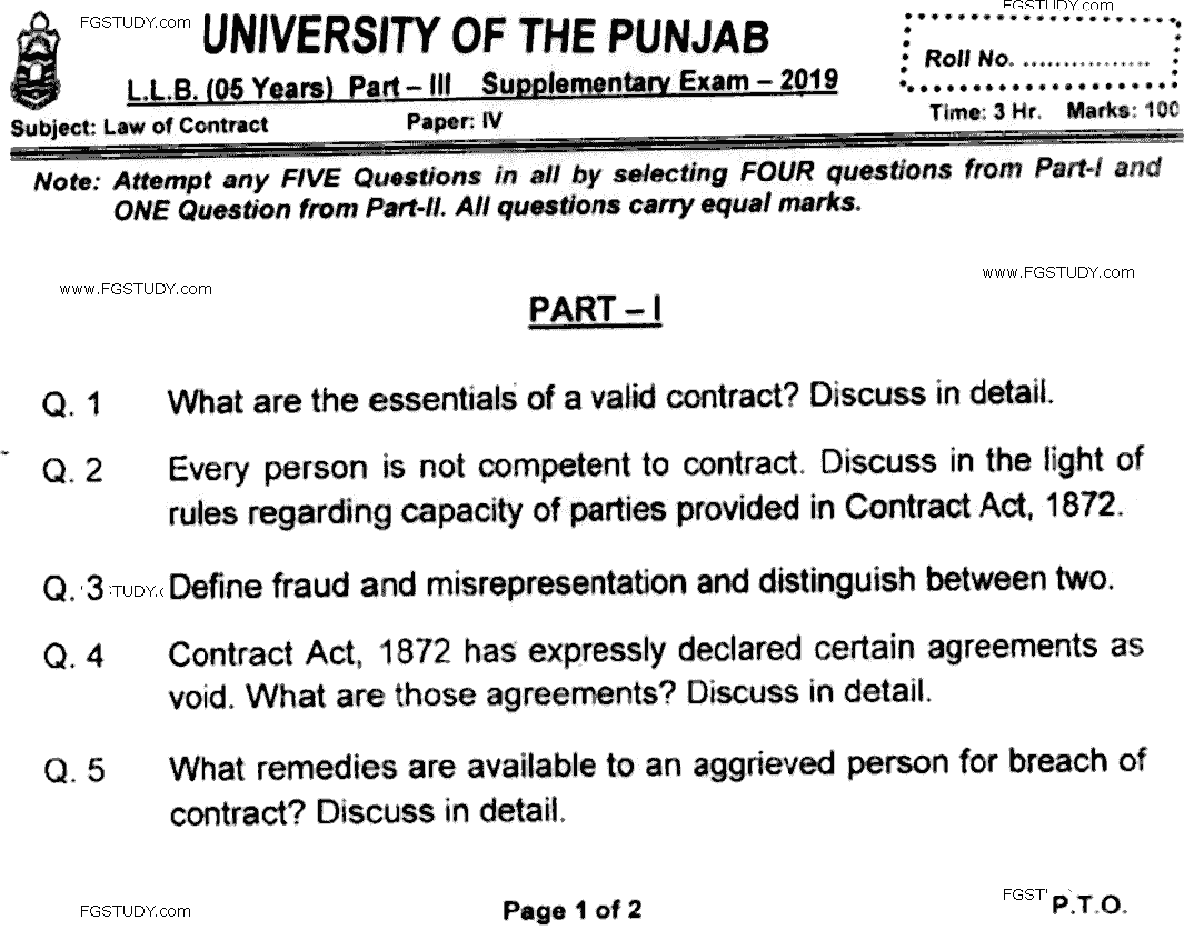 LLB Part 3 Law Of Contract Past Paper 2019 Punjab University