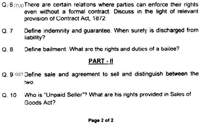 LLB Part 3 Law Of Contract Past Paper 2019 Punjab University