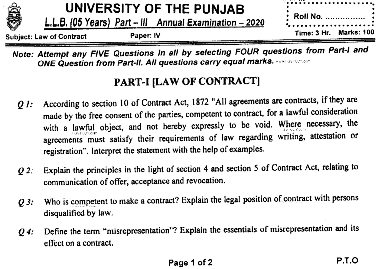 LLB Part 3 Law Of Contract Past Paper 2020 Punjab University