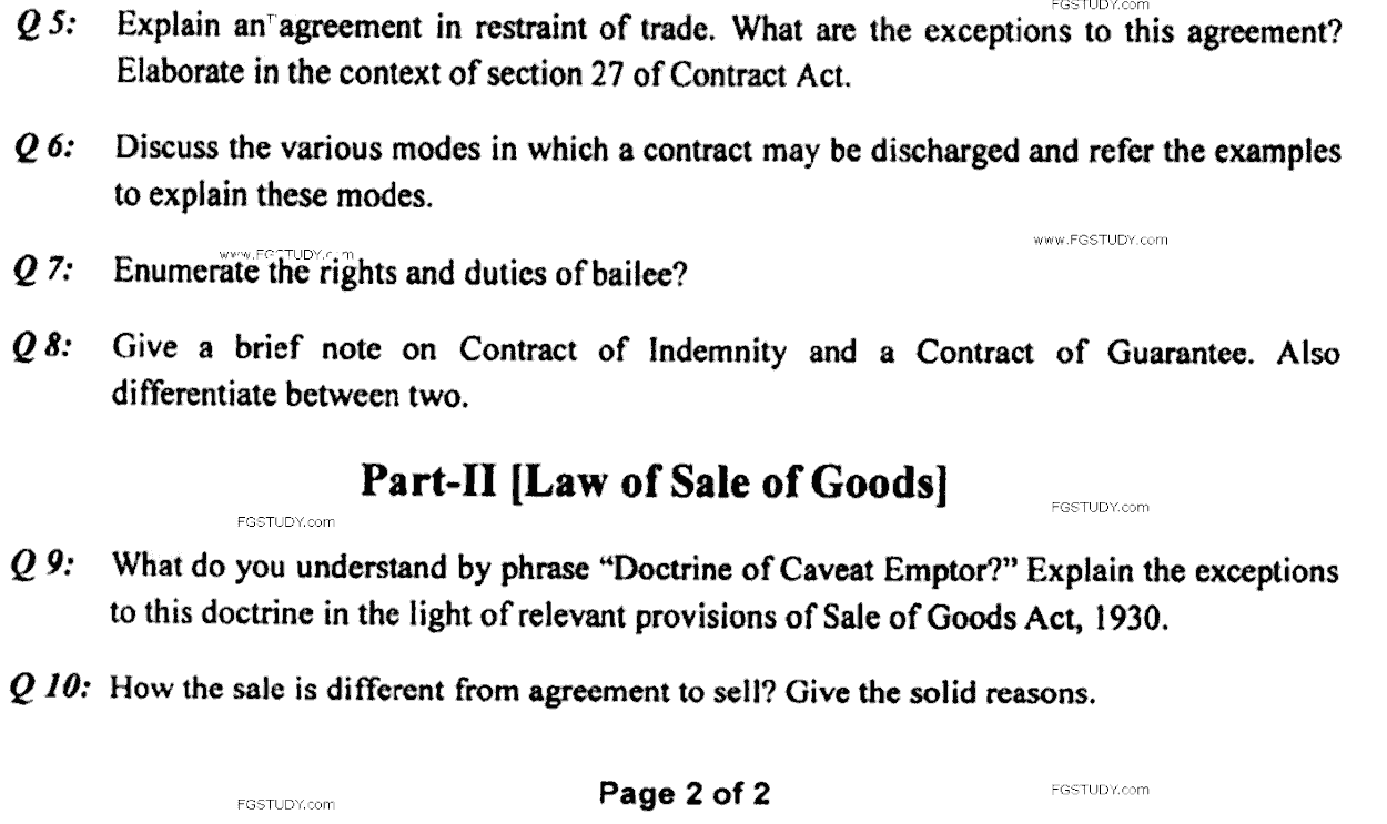 LLB Part 3 Law Of Contract Past Paper 2020 Punjab University