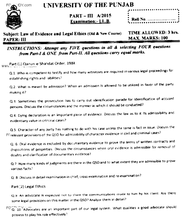 LLB Part 3 Law Of Evidence Legal Ethics Past Paper 2015 Punjab University