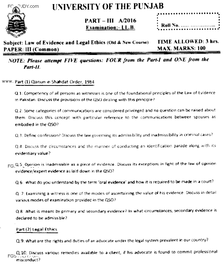 LLB Part 3 Law Of Evidence Legal Ethics Past Paper 2016 Punjab University