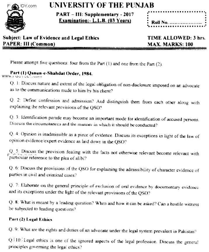 LLB Part 3 Law Of Evidence Legal Ethics Past Paper 2017 Punjab University