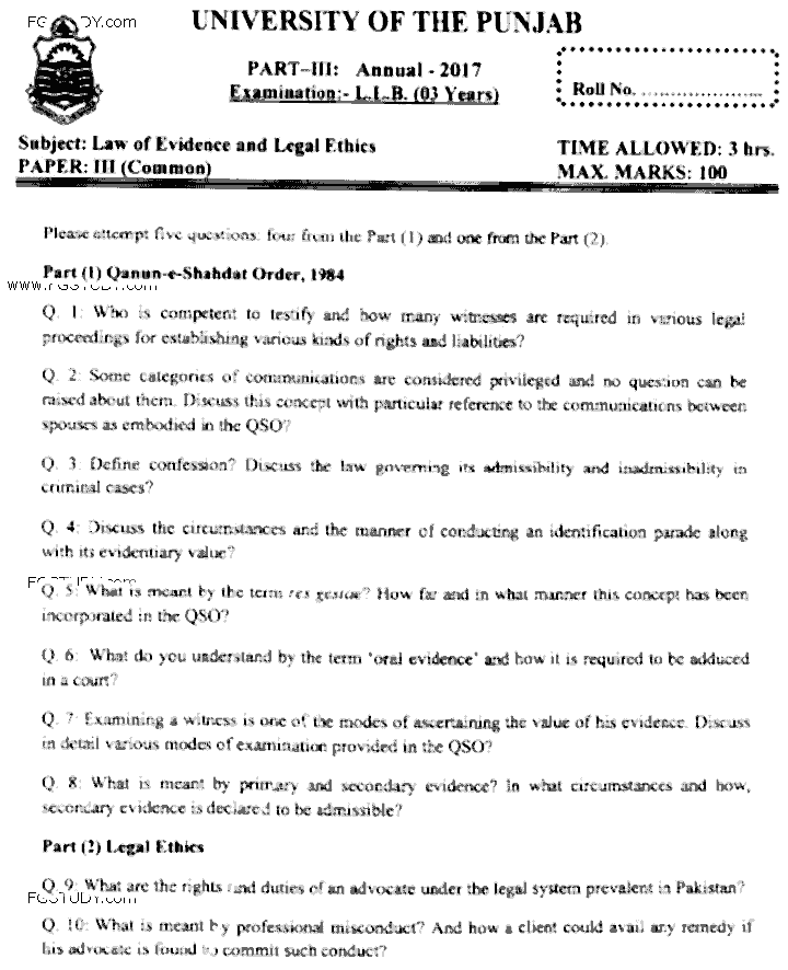 LLB Part 3 Law Of Evidence Legal Ethics Past Paper 2017 Punjab University