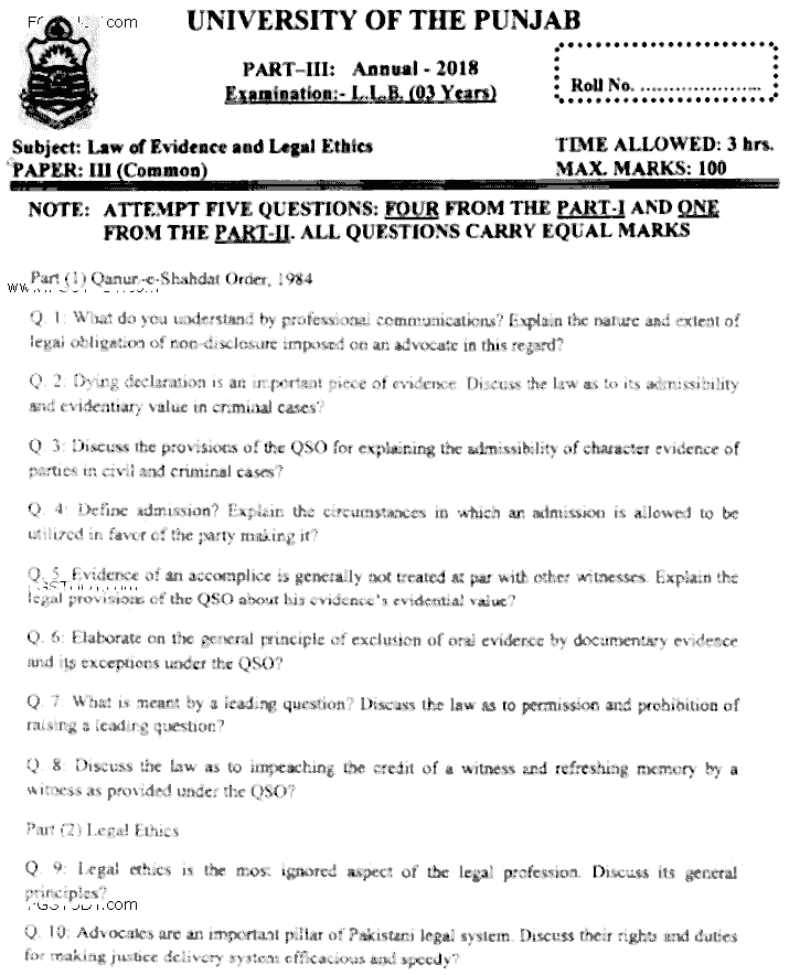 LLB Part 3 Law Of Evidence Legal Ethics Past Paper 2018 Punjab University