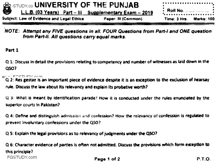 LLB Part 3 Law Of Evidence Legal Ethics Past Paper 2019 Punjab University