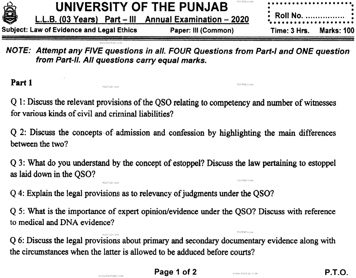 LLB Part 3 Law Of Evidence Legal Ethics Past Paper 2020 Punjab University