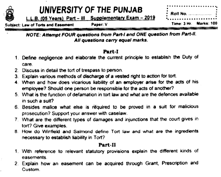 LLB Part 3 Law Of Torts Easement Past Paper 2019 Punjab University