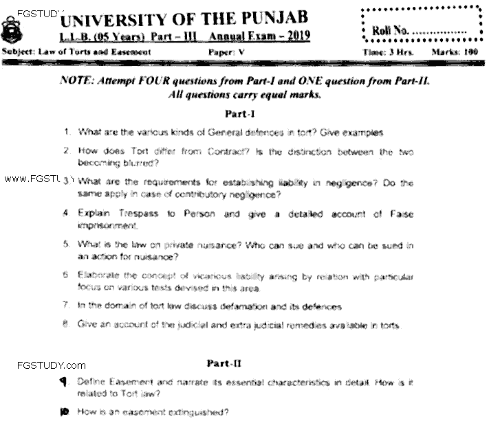 LLB Part 3 Law Of Torts Easement Past Paper 2019 Punjab University