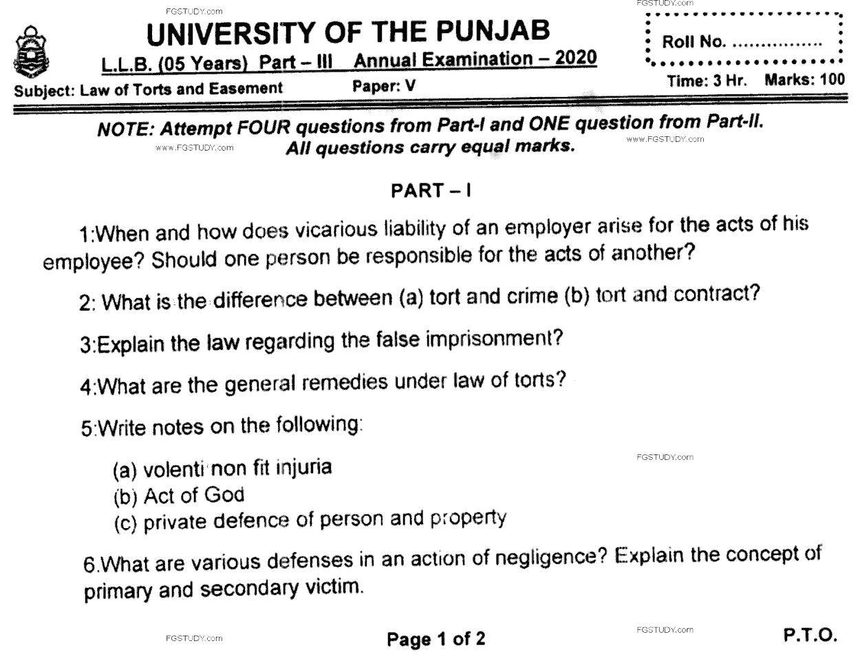 LLB Part 3 Law Of Torts Easement Past Paper 2020 Punjab University