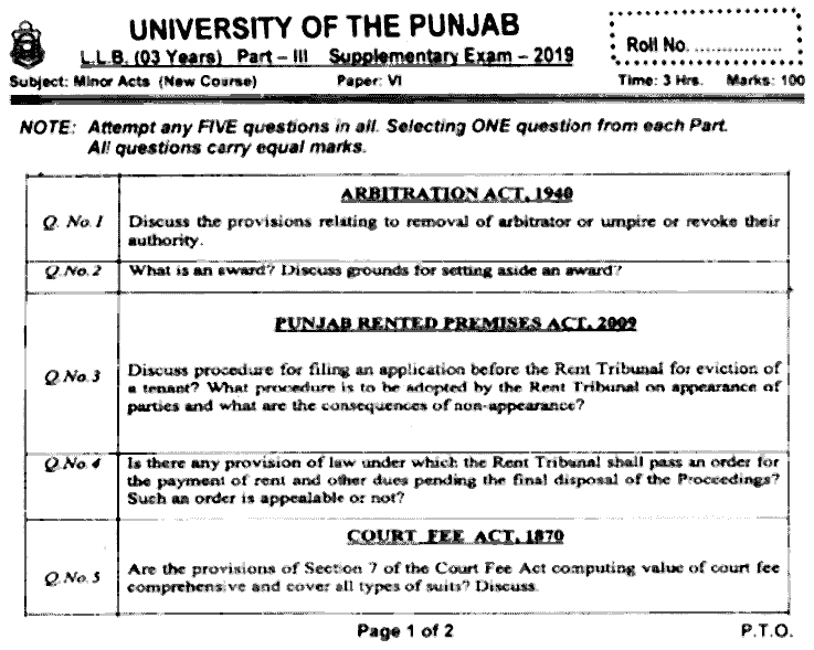 LLB Part 3 Minor Acts Past Paper 2019 Punjab University