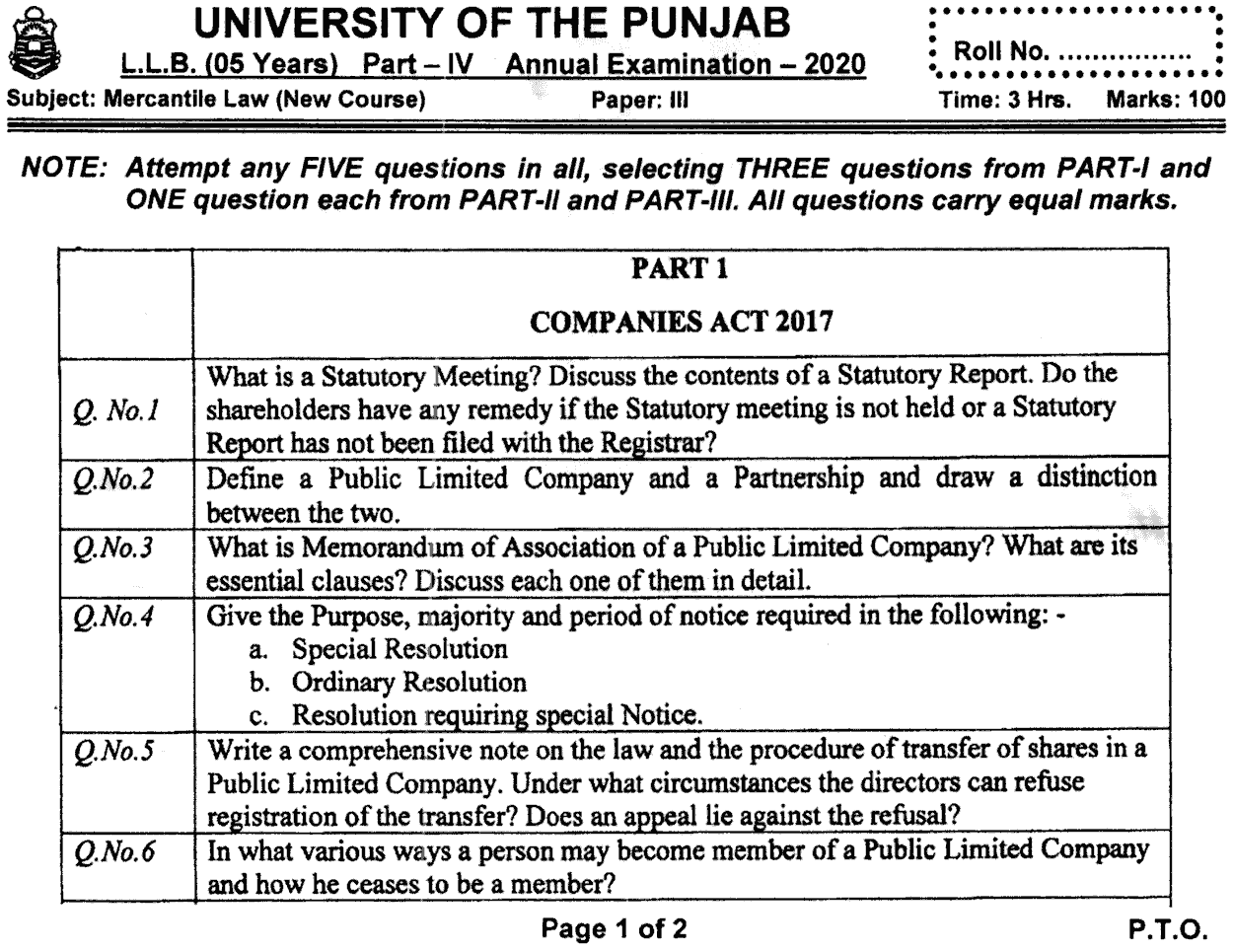 LLB Part 4 Mercantile Law Past Paper 2020 Punjab University