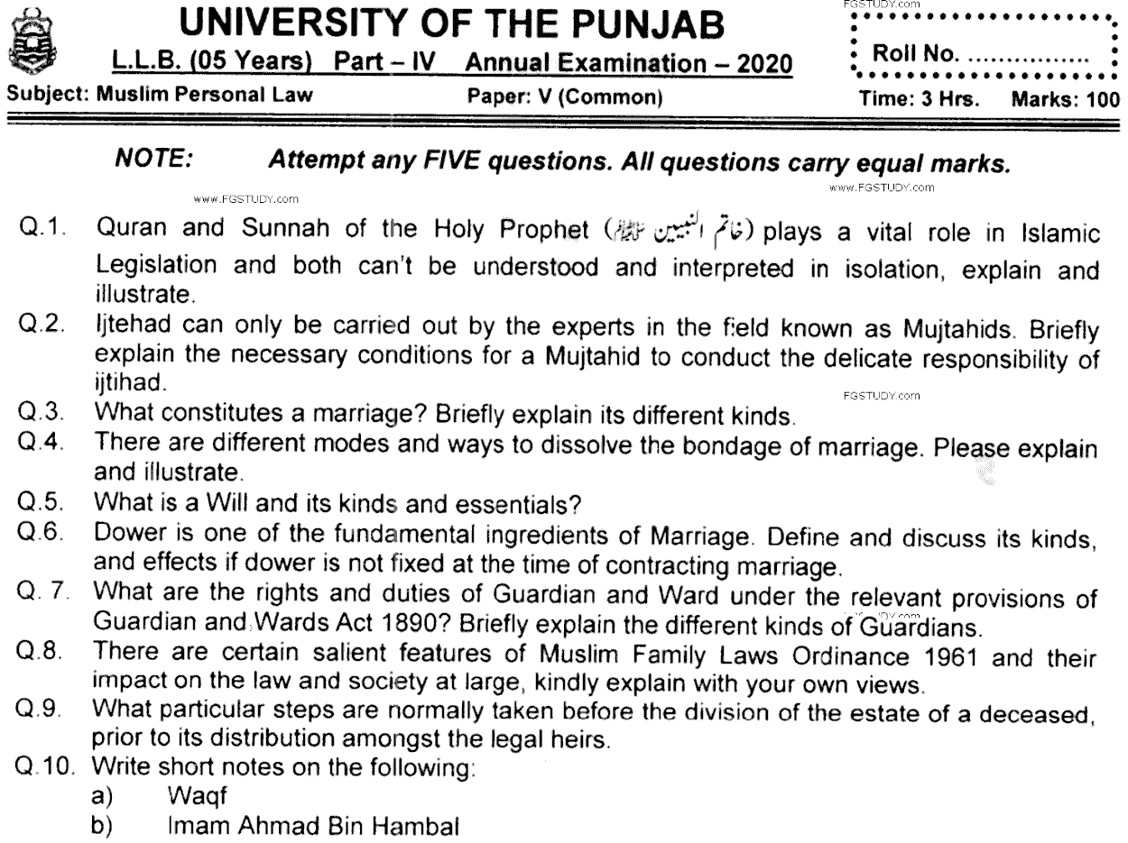 LLB Part 4 Muslim Personal Law Past Paper 2020 Punjab University