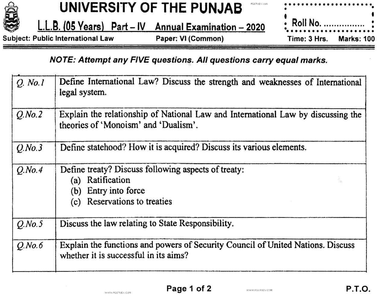 LLB Part 4 Public International Law Past Paper 2020 Punjab University
