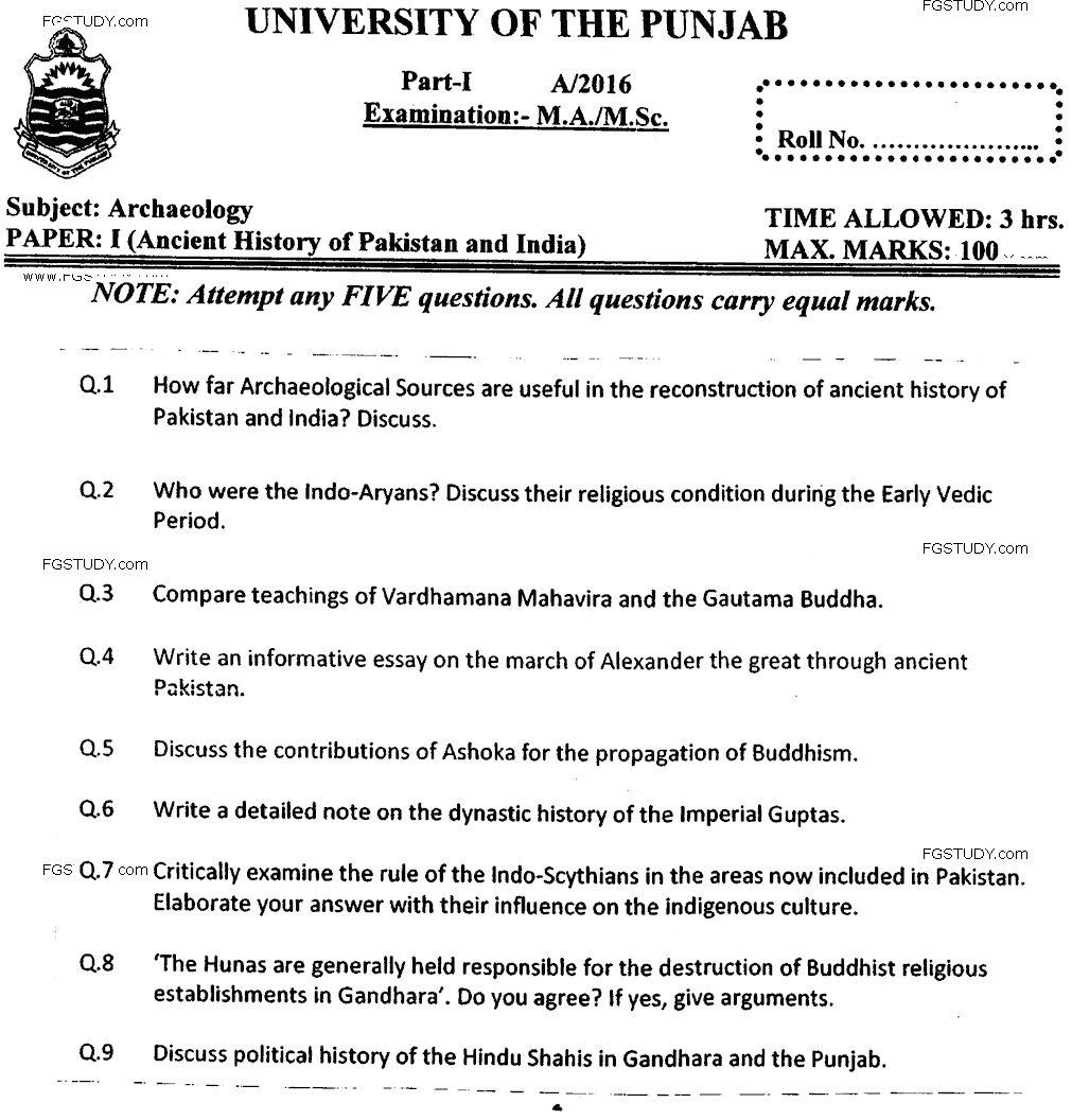 MA Part 1 Archaeology Ancient History Of Pakistan And India Past Paper 2016 Punjab University
