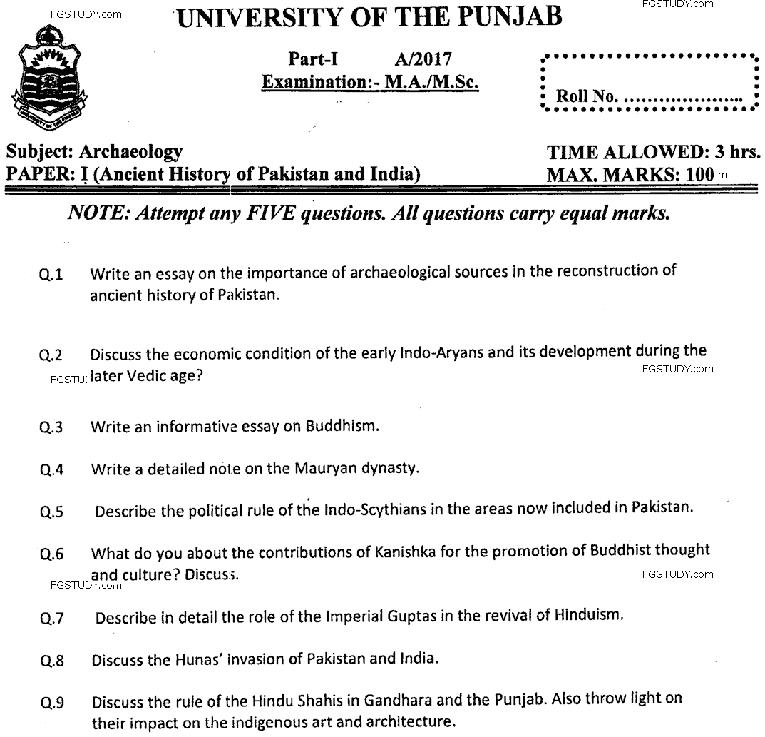 MA Part 1 Archaeology Ancient History Of Pakistan And India Past Paper 2017 Punjab University