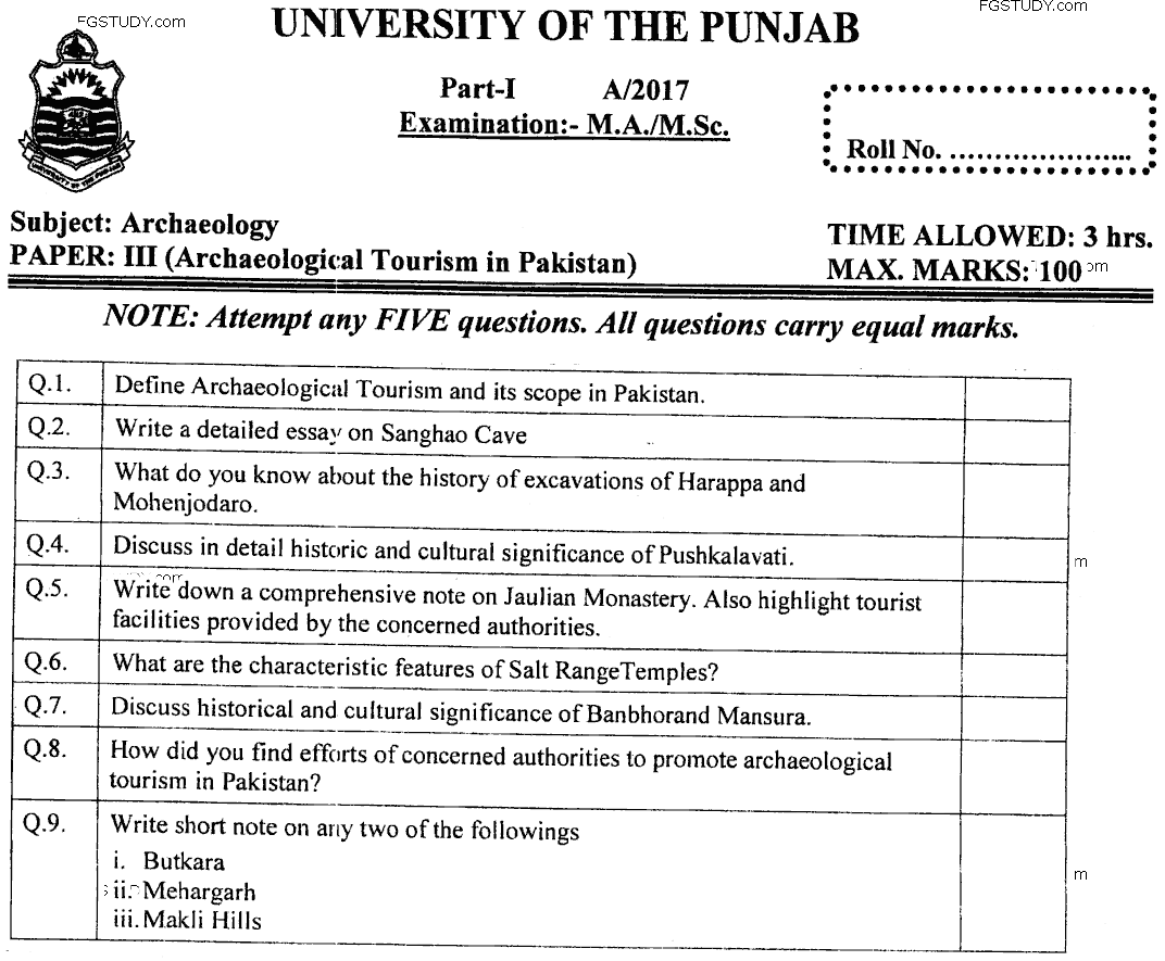 Ma Part 1 Archaeology Archaeology Tourism In Pakistan Past Paper 2017 Punjab University