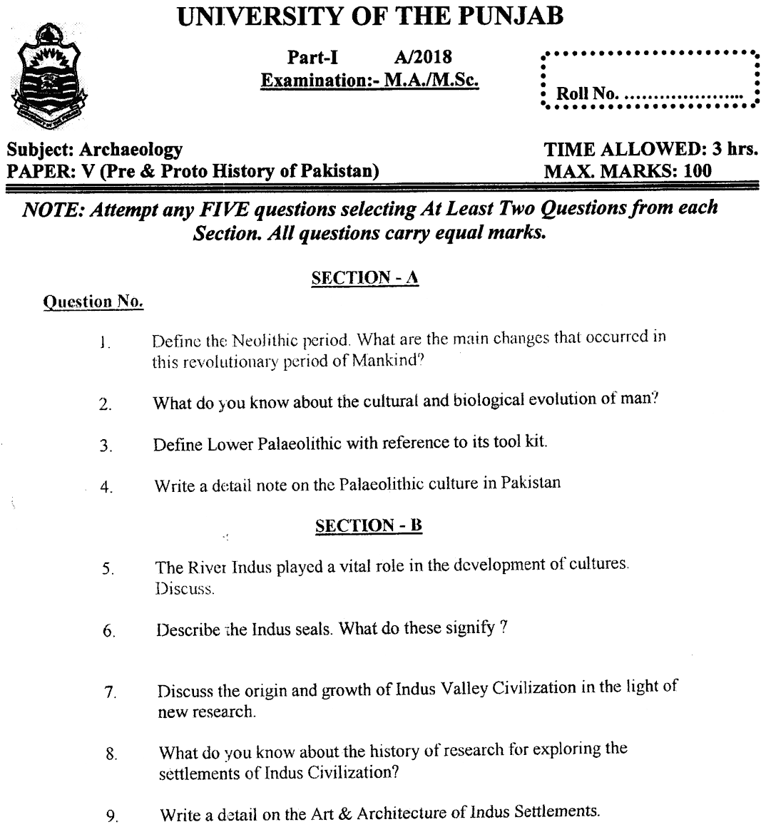 Ma Part 1 Archaeology Pre And Proto History Of Pakistan Past Paper 2018 Punjab University