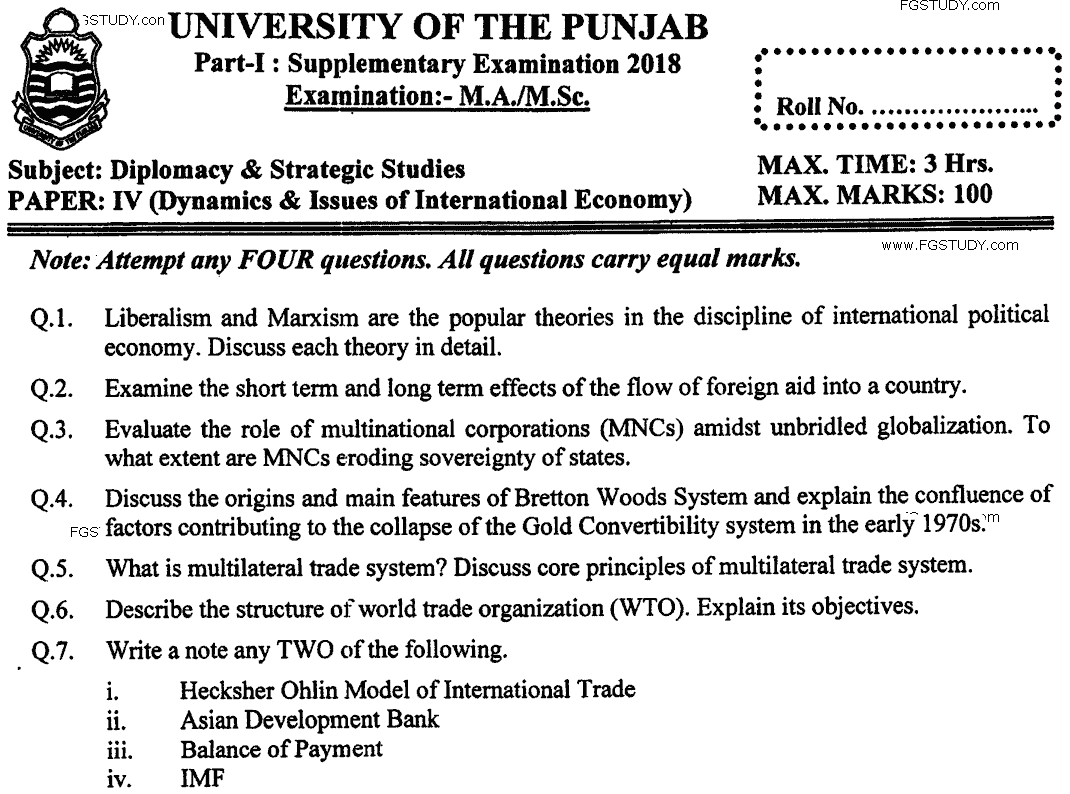 MA Part 1 Diplomacy And Strategic Studies Dynamics And Issues Of International Economy Past Paper 2018 Punjab University