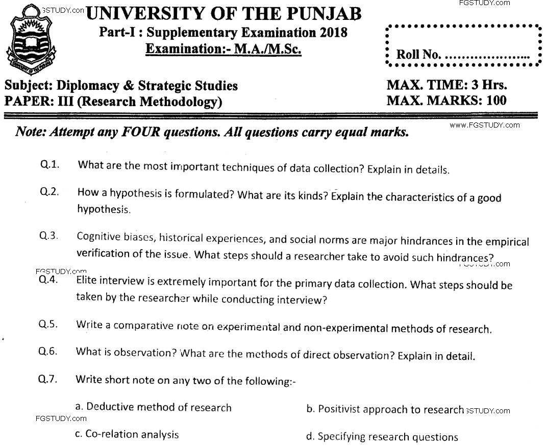 MA Part 1 Diplomacy And Strategic Studies Research Methodology Past Paper 2018 Punjab University