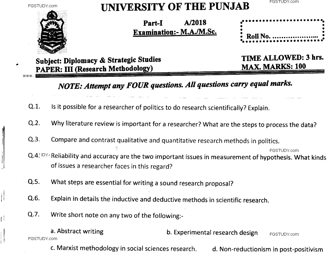 MA Part 1 Diplomacy And Strategic Studies Research Methodology Past Paper 2018 Punjab University
