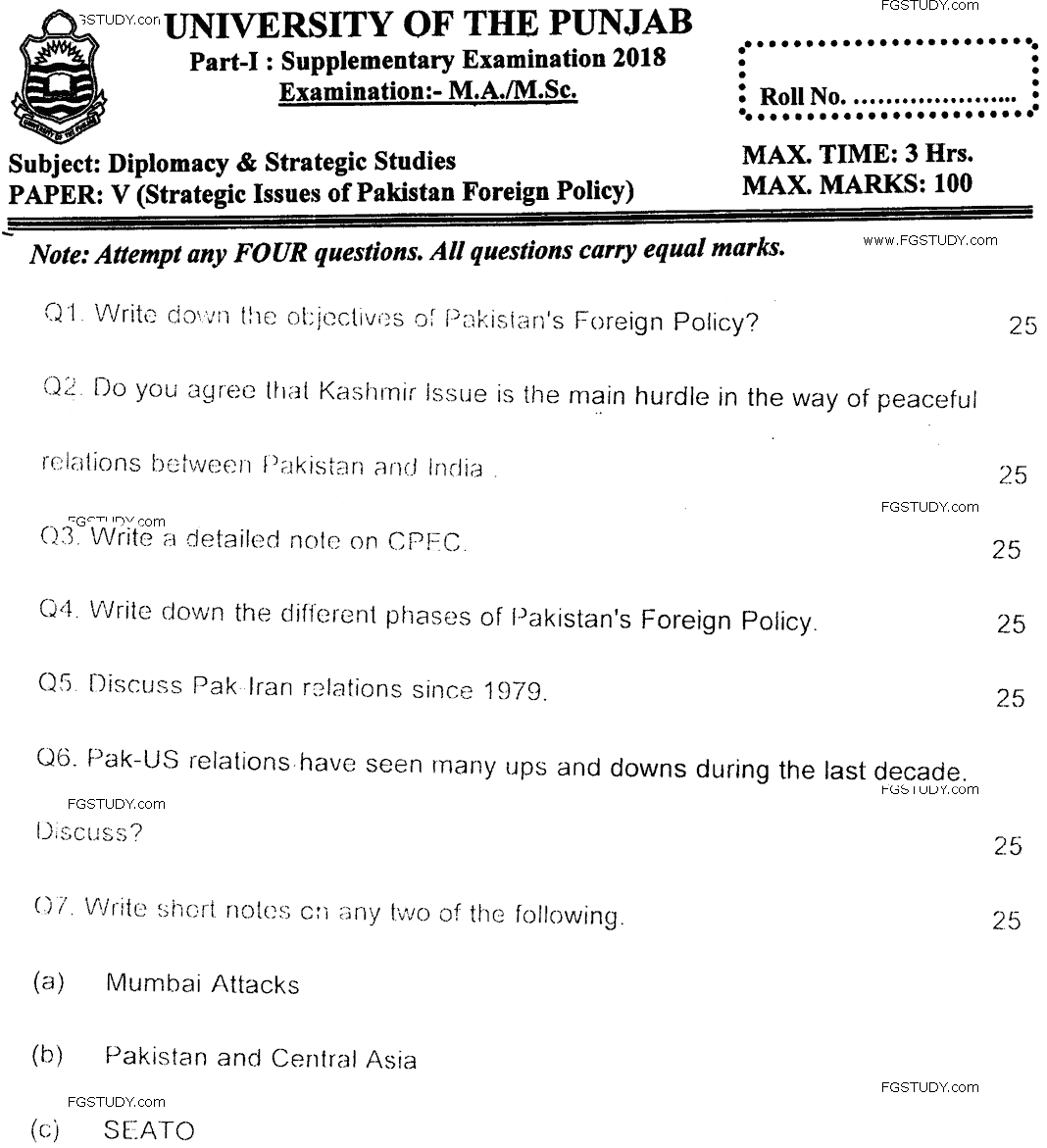 MA Part 1 Diplomacy And Strategic Studies Strategic Issues Of Pakistan Foreign Policy Past Paper 2018 Punjab University